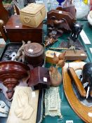 AN ANTIQUE MAHOGANY WALL BRACKET, A CARVED LIME WOOD PLAQUE AFTER ALBRECHT DURER, MINIATURE DOG