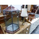 A LEAD GLAZED TERRARIUM, VARIOUS COPPER AND BRASS ETC.