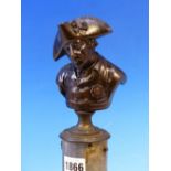 A 19th C.BRONZE BUST OF FREDERICK THE GREAT WEARING A TRICORN HAT AND RAISED ON A GILT SOCLE AND