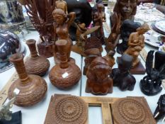 A COLLECTION OF VARIOUS CARVED FIGURINES, BUSTS, ANIMALS ETC.