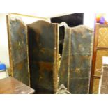 AN ANTIQUE PAINTED LEATHER FOUR FOLD SCREEN WITH FIGURES IN LANDSCAPES ON ONE SIDE OF EACH FOLD AND