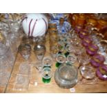 VARIOUS SETS OF DRINKING GLASSWARES, FIVE DECANTERS, VASE ETC.