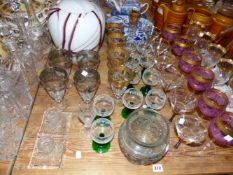 VARIOUS SETS OF DRINKING GLASSWARES, FIVE DECANTERS, VASE ETC.