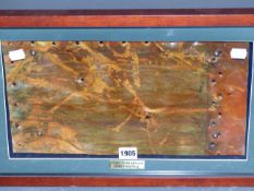 A FRAMED MUNTZ METAL SHEET TAKEN FROM THE HULL OF CUTTY SARK DURING HER 2005-2010 RESTORATION, THE