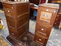 A PAIR OF VINTAGE OAK THREE DRAWER FILING CABINETS, EACH. W 38 x D 68 x H 114cms.