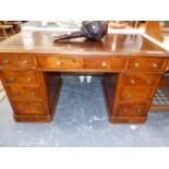 A 19th C. BURL WALNUT PEDESTAL DESK WITH BROWN LEATHER INSET TOP ABOVE A KNEEHOLE DRAWER FLANKED