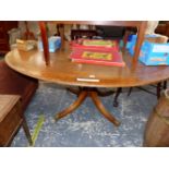 A BESPOKE REGENCY STYLE CROSS BANDED AND LINE INLAID MAHOGANY OVAL BREAKFAST TABLE SUPPORTED ON