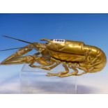 A LATE VICTORIAN BRASS LOBSTER INKSTAND Rd No. 136502, THE HINGED BACK OPENING ONTO A CERAMIC INKWEL
