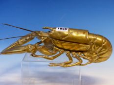 A LATE VICTORIAN BRASS LOBSTER INKSTAND Rd No. 136502, THE HINGED BACK OPENING ONTO A CERAMIC INKWEL