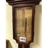 A GEORGE III CHARLES AIANO BARBERS POLE LINE INLAID MAHOGANY STICK BAROMETER WITH A SILVERED SCALE