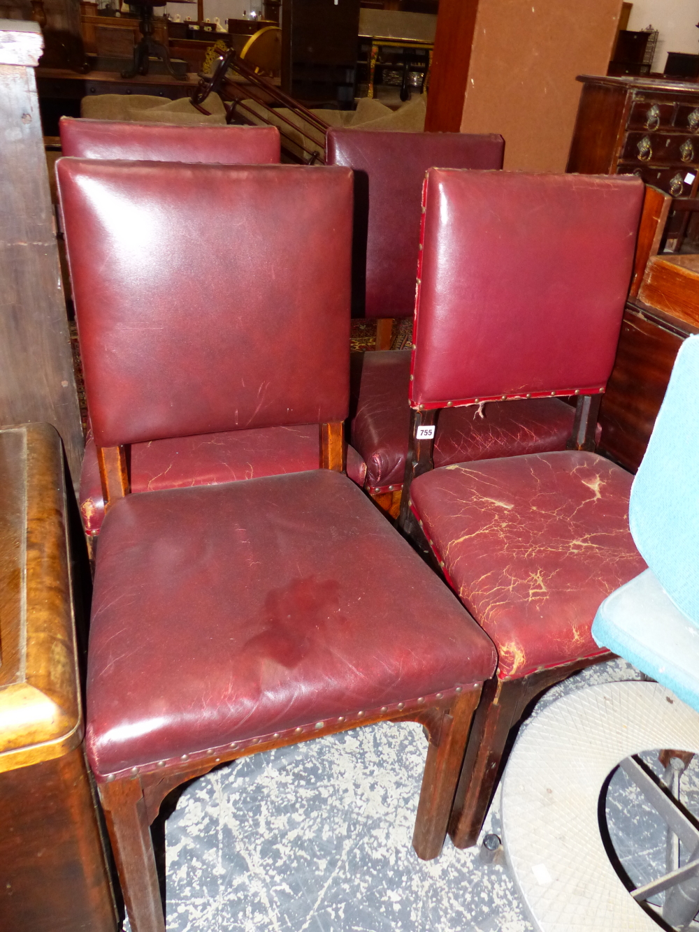 A SET OF FIVE 19th C. OAK CHAIRS WITH RED LEATHER UPHOLSTERED BACKS AND SEATS