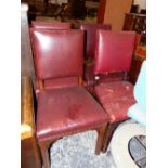 A SET OF FIVE 19th C. OAK CHAIRS WITH RED LEATHER UPHOLSTERED BACKS AND SEATS