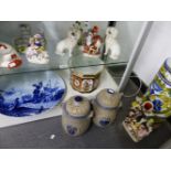 VARIOUS STAFFORDSHIRE FIGURES, RUMTOPF JARS, A STICK STAND, DELFT PLATE ETC.