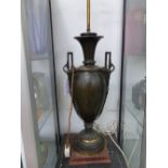 A ANTIQUE BRASS LAMP OF CLASSICAL STYLE FORMERLY DISPLAYED IN THE GREAT HALL AT MADAME TUSSARDS.