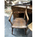 A 19th C. YEW AND OAK OXFORD TYPE ELBOW CHAIR TOGETHER WITH AN OAK KITCHEN CHAIR