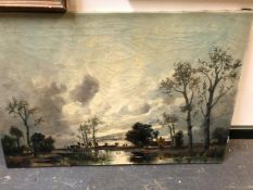 20th.C. DUTCH SCHOOL. A RIVER LANDSCAPE, SIGNED INDISTINCTLY, OIL ON CANVAS, UNFRAMED. 61 x 91cms