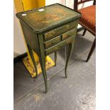 A 19th C. FRENCH GREEN SIDE TABLE, THE TOP GILT WITH A COUPLE SEATED BETWEEN TREES, THE FOUR