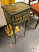 A 19th C. FRENCH GREEN SIDE TABLE, THE TOP GILT WITH A COUPLE SEATED BETWEEN TREES, THE FOUR