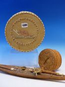 A CHIPPEWA BIRCH BARK BOX, THE LID SEWN WITH A BEAVER ROUNDEL. Dia. 21cms. A BASKET AND COVER OF
