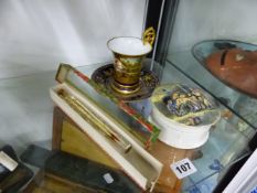 A 19th C. POT LID, A HAND PAINTED CHOCOLATE CUP AND A SCENT PHIAL.
