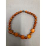 A GRADUATED BEADED AMBER NECKLACE FITTED WITH A RHINESTONE SET CLASP. LENGTH APPROX 43cms WEIGHT