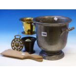 A PEWTER TWO HANDLED WINE BUCKET. H 23cms. A HORSE BRASS, A PAIR OF WOODEN BUTTER PADDLES AND TWO