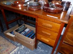 A 20th C. OAK DESK, THE RECTANGULAR TOP ABOVE A SLIDE OVER THREE DRAWERS TO ONE SIDE, THE SQUARE