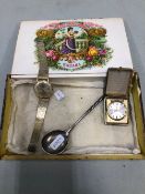 A PIERCE GENTS WRIST WATCH, AN IMPERIA TRAVEL CLOCK, AND A RUSSIAN SILVER SPOON.