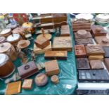A QUANTITY OF EASTERN CARVED BOXES, VARIOUS BISCUIT BARRELS AND OTHER TREEN.