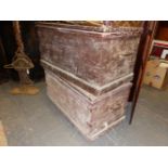 TWO IRON BOUND PAINTED WOOD TWO HANDLED CHESTS, EACH. W 131 x D 67 x H 66cms.