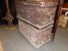 TWO IRON BOUND PAINTED WOOD TWO HANDLED CHESTS, EACH. W 131 x D 67 x H 66cms.