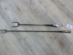 TWO LATE 18th/EARLY 19th C. STEEL TOASTING FORKS, ONE WITH TWO PRONGS. 58.5cms. THE OTHER WITH