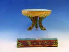 A 19th C. MINTON MAJOLICA TROUGH SHAPED PLANTER, THE EXTERIOR A BROWN PALISADE WITH FRUITING