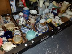 A RETRO POTTERY COFFEE SET, COMMEMORATIVE MUGS, VASES AND OTHER CHINA WARES.