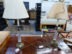 A PAIR OF BRASS AND GLASS TABLE LAMPS.