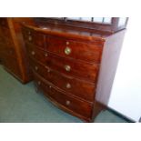 A 19th C. MAHOGANY BOW FRONT CHEST OF TWO SHORT AND THREE LONG DRAWERS ON BRACKET FEET. W 104.5 x