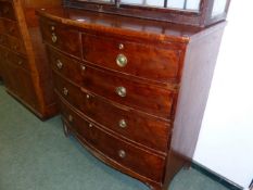 A 19th C. MAHOGANY BOW FRONT CHEST OF TWO SHORT AND THREE LONG DRAWERS ON BRACKET FEET. W 104.5 x