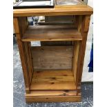 A PINE OPEN BOOKCASE WITH ADJUSTABLE SHELVES TOGETHER WITH A PRINT AND A PHOTOGRAPH