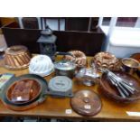 THREE LARGE COPPER JELLY MOULDS, OTHER METAL WARES, CUTLERY AND TREEN.