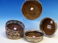 TWO PAIRS OF OLD SHEFFIELD PLATE WINE COASTERS TOGETHER WITH AN OLD SHEFFIELD PLATE MAGNUM COASTER