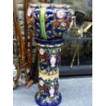 A LATE 19th C. MAJOLICA PLANTER AND STAND DECORATED IN RELIEF WITH PAIRS OF FANTASTIC CAT