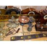 THREE ANTIQUE MANTLE CLOCKS, A VICTORIAN DESK STAND, VICTORIAN AND LATER BRASS WARES ETC.