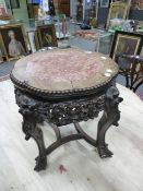 A 19th C. CHINESE MARBLE TOPPED HARDWOOD STAND WITH A BEADED BAND ABOVE THE APRON CARVED WITH