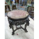 A 19th C. CHINESE MARBLE TOPPED HARDWOOD STAND WITH A BEADED BAND ABOVE THE APRON CARVED WITH