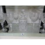 SET OF EIGHT CUT GLASS WINES SIGNED GALWAY AND A DECANTER.