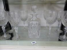 SET OF EIGHT CUT GLASS WINES SIGNED GALWAY AND A DECANTER.