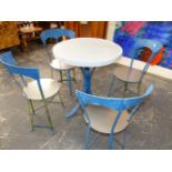 A SET OF FOUR BLUE PAINTED METAL GARDEN SEAT EN SUITE WITH A TABLE. Dia. 60 x H 70cms.