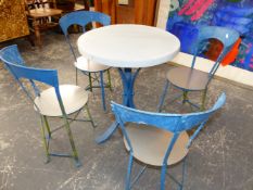 A SET OF FOUR BLUE PAINTED METAL GARDEN SEAT EN SUITE WITH A TABLE. Dia. 60 x H 70cms.