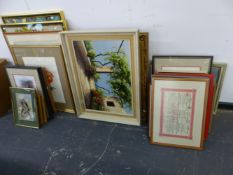 A LARGE COLLECTION OF DECORATIVE PAINTINGS AND FURNISHING PICTURES, INCLUDING LANDSCAPES, FLORAL