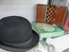 A TRAVELLING CHESS SET A BOWLER HAT BY HERBERT JOHNSON AND RETRO CASED BEVERAGE THERMOMETERS